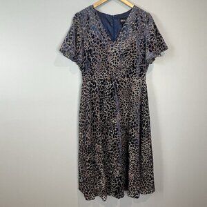 Bigio Collection Blue Tan Dress Size 10 Burnout Flutter Short Sleeves Fit Flare